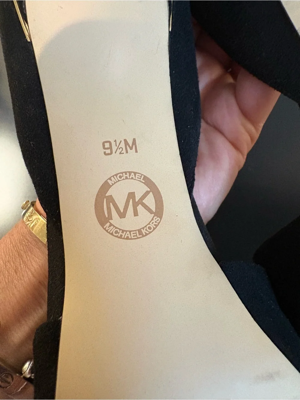 Michael Kors Black Suede Ankle-Strap Pointed-Toe Heels with Gold Accent